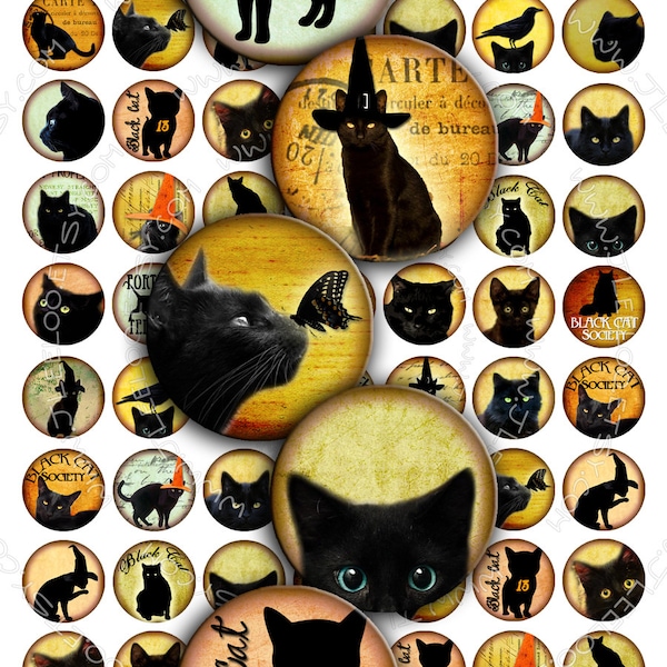 BLACK CATS Digital Collage Sheet 1 inch size circle images for pendants bottlecaps bezel settings paper craft download printable tn191