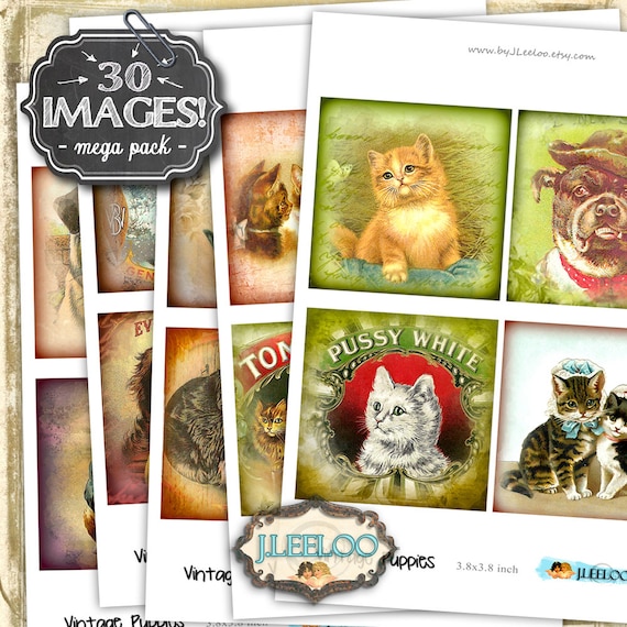 Digital collage VINTAGE PUPPIES 3.8 inch square coaster greeting cards invitation jewerly holder instant download printable qu458