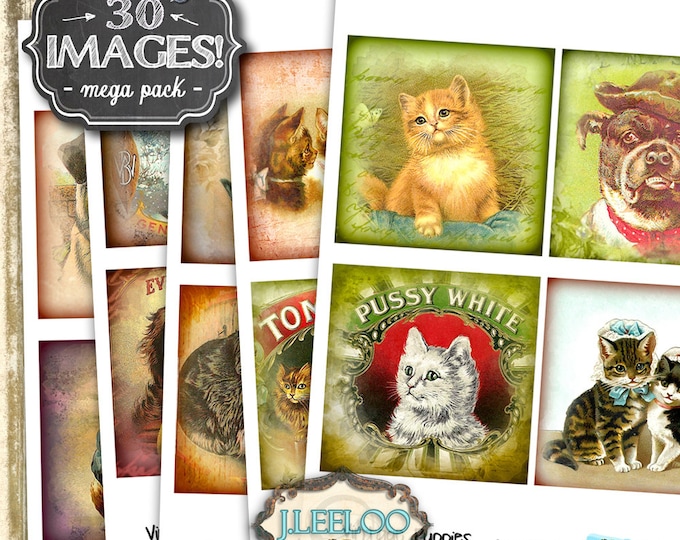 Digital collage VINTAGE PUPPIES 3.8 inch square coaster greeting cards invitation jewerly holder instant download printable qu458