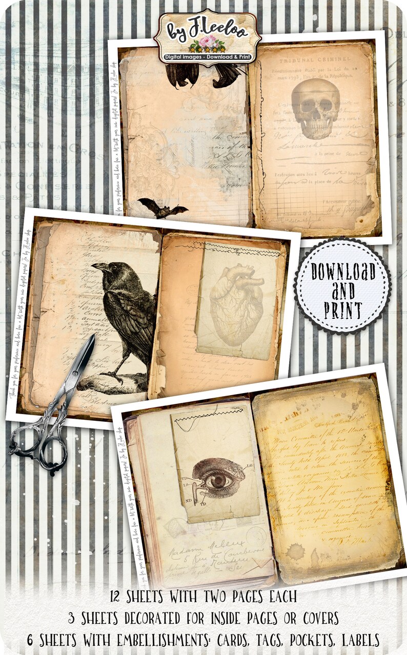 May include: Twelve digital printable sheets with two pages each, featuring vintage style illustrations of a raven, heart, eye, and skull.  The sheets are decorated with handwritten text and are ideal for scrapbooking, card making, and other paper crafts.