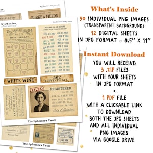May include: Digital ephemera pack with vintage paper items like library cards, tickets, and receipts. The pack includes 90 PNG images, 12 digital sheets in JPG format (21.59 cm x 27.94 cm), and a PDF file with a download link.