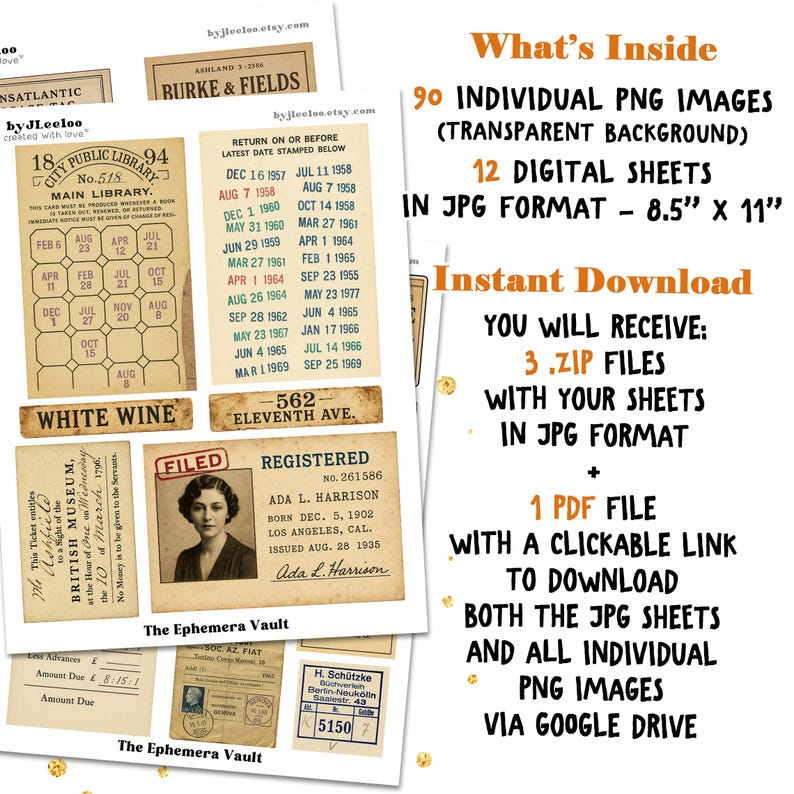 May include: Digital ephemera pack with vintage paper items like library cards, tickets, and receipts. The pack includes 90 PNG images, 12 digital sheets in JPG format (21.59 cm x 27.94 cm), and a PDF file with a download link.