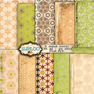 May include: Ten digital paper sheets with various geometric patterns in shades of green, brown, red, and yellow. The papers are 8.5 x 11 inches and 300 dpi.