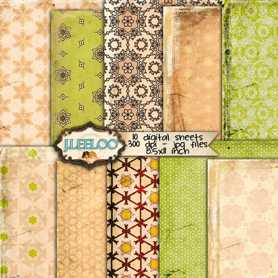 ONE MORE DAY 10 large Digital collage sheet  for scrapbook - printable paper goods damask vintage journaling green beige - pp271