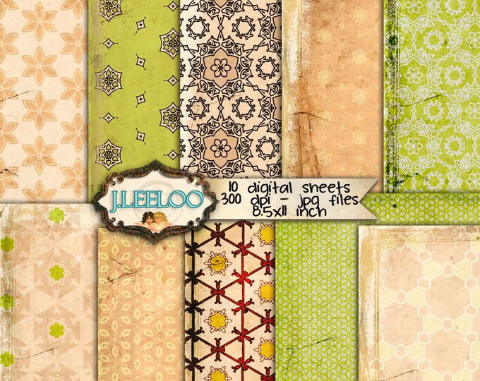 ONE MORE DAY 10 large Digital collage sheet  for scrapbook - printable paper goods damask vintage journaling green beige - pp271