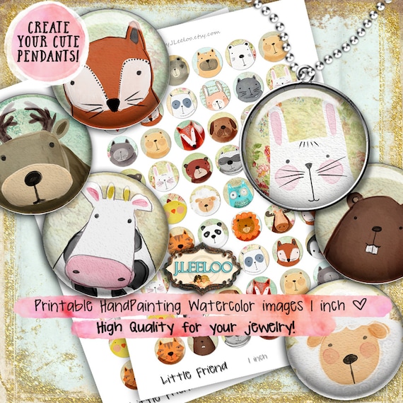 LITTLE FRIEND 1 inch circle watercolor hand painting clipart pet romantic for pendant magnet instant download printable paper tn513