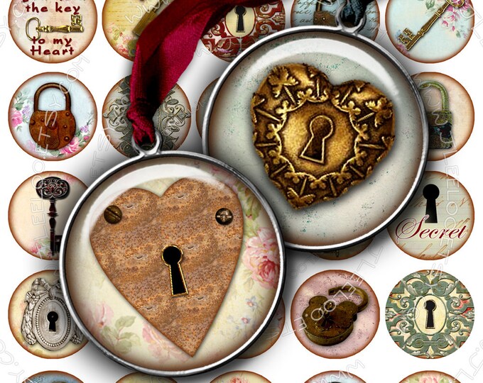 Digital collage sheet KEY To The SECRET 1.5 inch circle padlock diary romantic for pendant clipart magnet instant download printable tn195