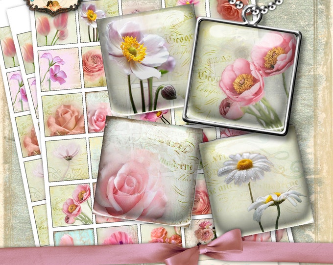 SHABBY Digital printable 1.5 inch square sheet digital images french rose flower chic vintage pendant craft instant download qu480