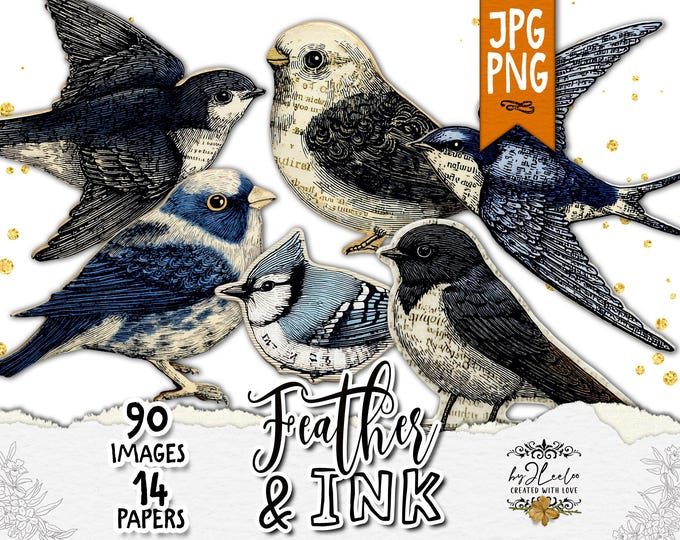 FEATHER & INK Vintage Bird PNG Bundle, Printable Woodland Birds, Junk Journal Clipart, Songbird Ephemera | cl216