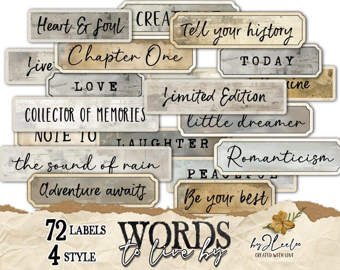 WORDS to LIVE BY text label printable word | sentence vintage style ephemera junk journal | grungy scrapbook diary instant download | tl298
