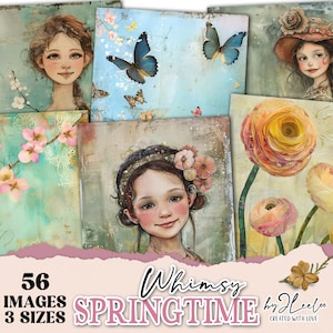 Collezione WHIMSY SPRINGTIME 56 illustrazioni 3 dimensioni / Carta per scrapbooking, diario di effimeri disegnati a mano, arte eccentrica, stampabile, bundle / cp012