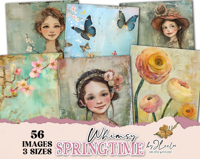 WHIMSY SPRINGTIME Collection 56 illustration 3 sizes | Hand-drawn ephemera junk journal scrapbook paper art quirky printable bundle | cp012