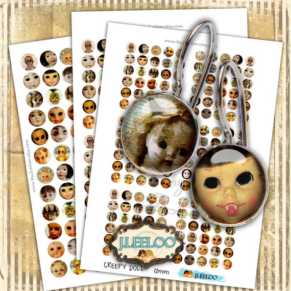 Digital printable CREEPY DOLL 12mm 16mm 20mm circle gothic scary halloween earrings rings instant download Digital collage sheet tn468