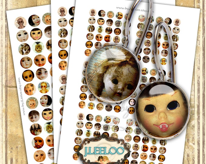 Digital printable CREEPY DOLL 12mm 16mm 20mm circle gothic scary halloween earrings rings instant download Digital collage sheet tn468
