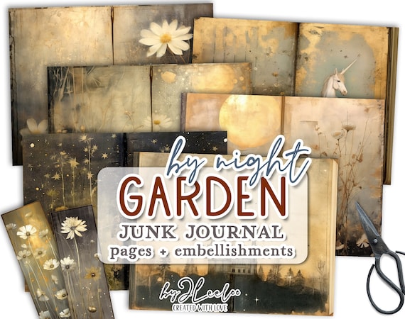 GARDEN by NIGHT junk journal printable | half pages tag Mixed Media supplies | Whimsy hand-drawn vintage card making collage diary | pp685
