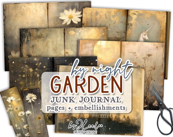 GARDEN by NIGHT junk journal printable | half pages tag Mixed Media supplies | Whimsy hand-drawn vintage card making collage diary | pp685