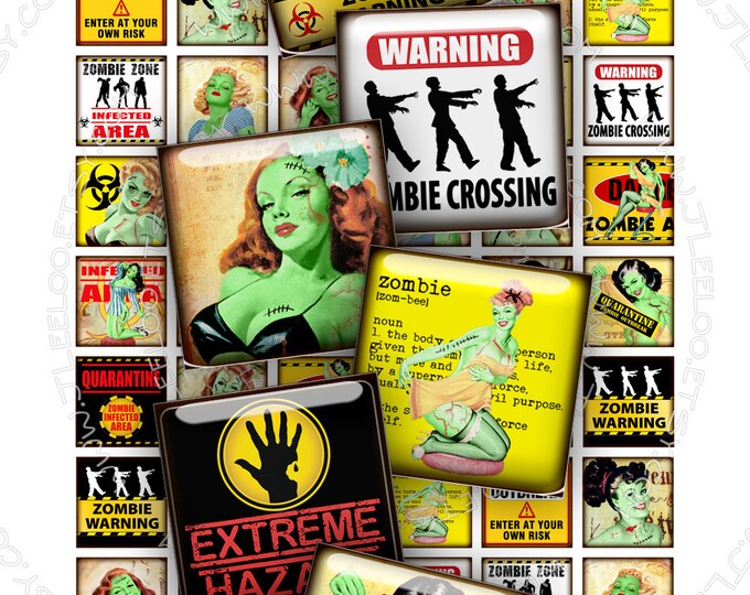 Digital collage sheets ZOMBIE PIN UP 1x1 inch squares hang tags magnet stickers mirrors pendant walking dead instant download qu434