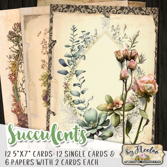 SUCCULENTS 12 frames Digital Vintage 5x7 Cards | floral backgrounds for Junk Journals | Grunge Floral Ephemera | Digital Floral Papers pp585