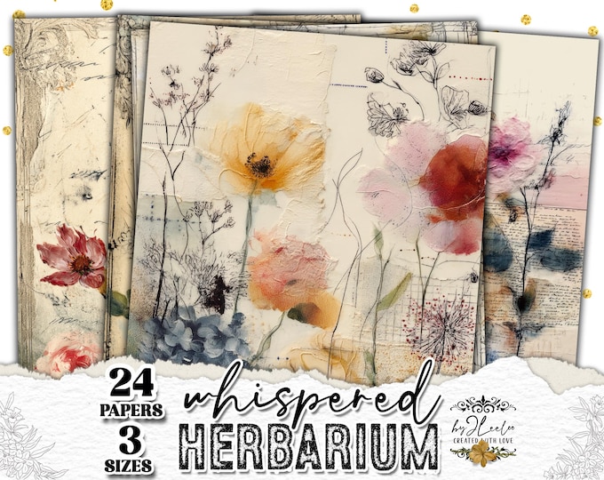 WHISPERED HERBARIUM – Vintage Botanical Junk Journal Pages, Hand Drawn Pencil Florals & Painted Flowers Printable | Card Making | ppK47