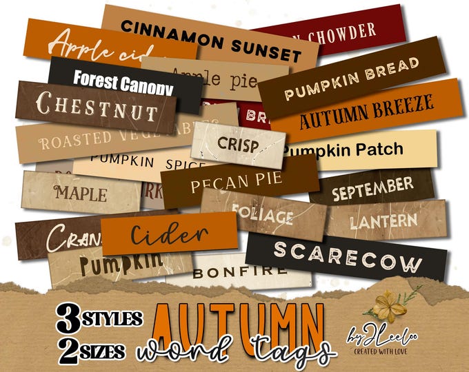 AUTUMN WORD TAGS junk journal printable fall words | vintage ephemera snippet scarpbooking | cut-out instant download Commercial Use | tl305