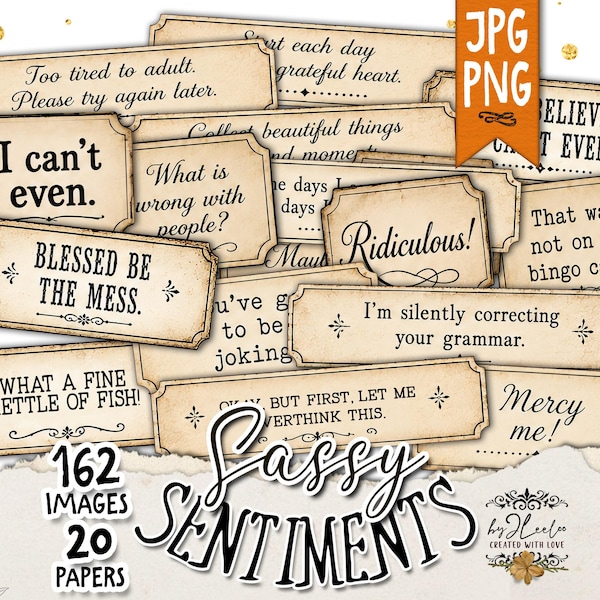 SASSY SENTIMENTS Vintage Sentiment Etiketten, lustige druckbare Zitate, viktorianische Sprüche, Junk Journal Ephemera, Scrapbook PNG | tl383