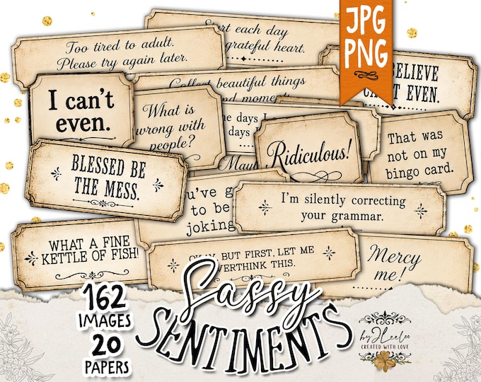 SASSY SENTIMENTS Vintage Sentiment Labels, Funny Printable Quotes, Victorian Sayings, Junk Journal Ephemera, Scrapbook PNG | tl383