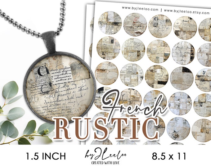 FRENCH RUSTIC 1.5 inch printable illustration | Ephemera collage supplies round pendant charm grunge paper art Junk Journaling card | tn741