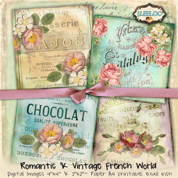 FRENCH digital paper 4x4 inch 2x2 inch large hang tag labels scrapbooking coaster magnet instant download printable image qu483