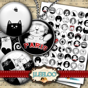 GATOS EN PARÍS 1 y 1,25 pulgadas círculo imágenes dibujadas a mano colgante imán bisel bandejas Hoja de collage digital descargar imagen imprimible tn320