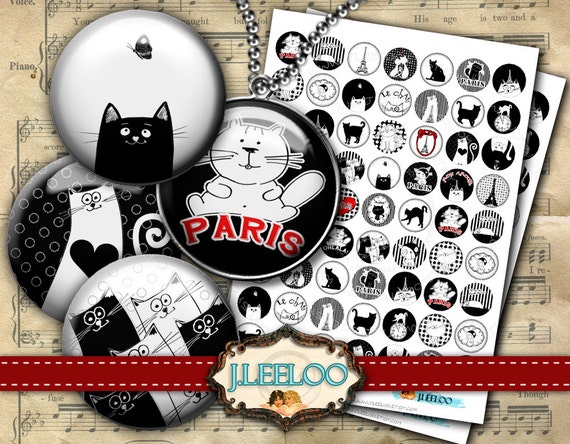 CATS IN PARIS 1 and 1.25 inch circle hand drawn images pendant magnet bezel trays Digital collage sheet download printable image tn320