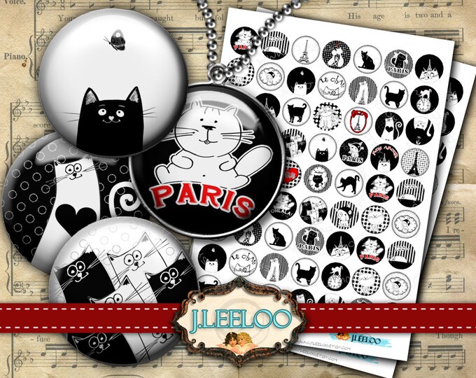 CATS IN PARIS 1 and 1.25 inch circle hand drawn images pendant magnet bezel trays Digital collage sheet download printable image tn320