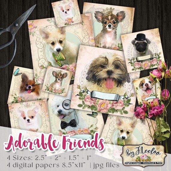 ADORABLE FRIENDS 2.5 | 2 | 1.5 | 1 inch square Digital hang tag dogs bezel trays images pendant magnet instant download printable qu485