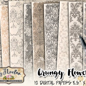 Pode incluir: Doze papéis digitais com um padrão de damasco desgastado em tons de cinza, bege e branco. Os papéis medem 8,5 polegadas por 11 polegadas e são intitulados "Grungy Flowers".