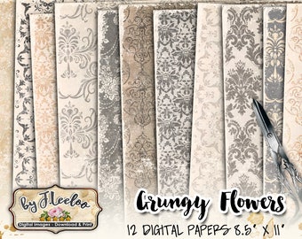 GRUNGY FLOWERS papers for journals layered set damask pattern printable digital vintage collage sheet pattern pack pp515