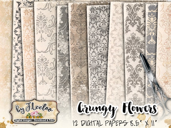 GRUNGY FLOWERS papers for journals layered set damask pattern printable digital vintage collage sheet pattern pack pp515