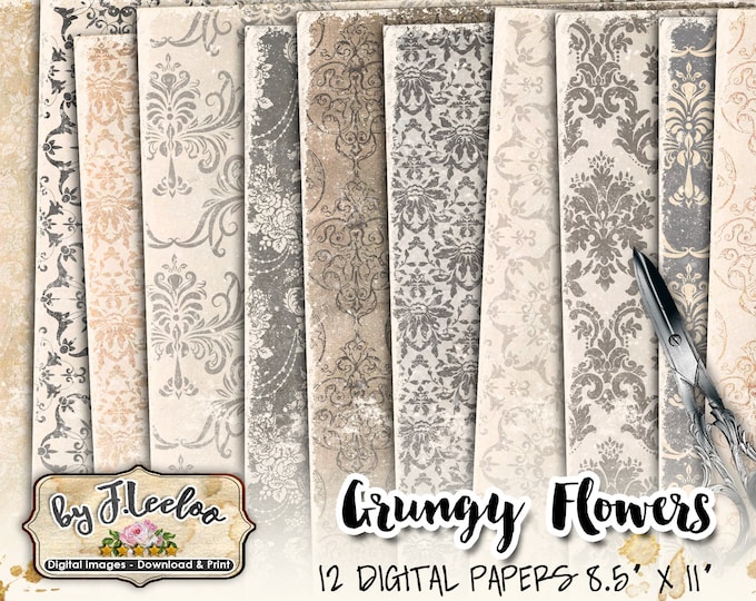 GRUNGY FLOWERS papers for journals layered set damask pattern printable digital vintage collage sheet pattern pack pp515