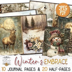 WINTER'S EMBRACE Junk Journal kerstpagina's afdrukbaar | Bos Frozen Winter Natuur Dier | Kit plakboek december Paper Craft | pp879