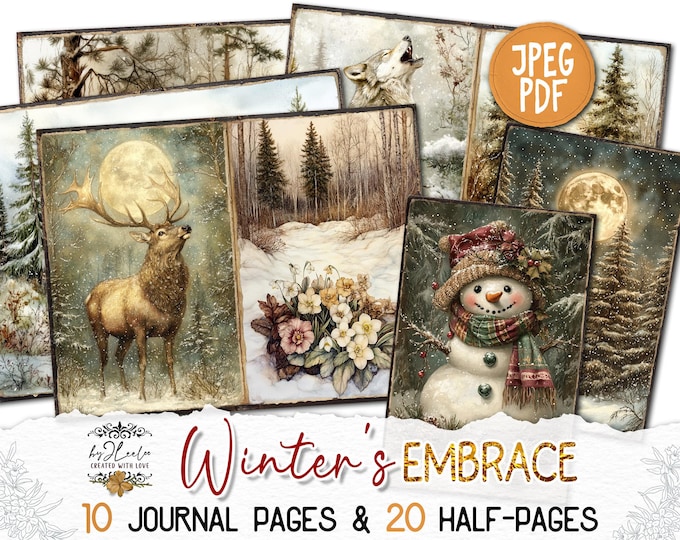 WINTER'S EMBRACE Junk Journal Christmas Pages printable | Forest Frozen Winter Nature Animal | Kit scrapbook December Paper Craft | pp879