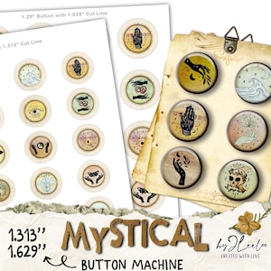 Puede incluir: Un conjunto de botones redondos de 2,5 cm y 3,2 cm de diámetro con diseños místicos. Los diseños incluyen manos, ojos, murciélagos, olas, lunas y una calavera. Los botones están impresos sobre un fondo blanco con una textura de papel marrón. El texto "1.313" y "1.629" está escrito en la esquina inferior izquierda de la imagen. El texto "MYSTICAL BUTTON MACHINE" está escrito en el centro inferior de la imagen. El texto "by JLeeLoo CREATED WITH LOVE" está escrito en la esquina inferior derecha de la imagen.