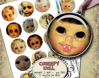 May include: A set of 12 digital printable images of creepy dolls. Each image is 2 inches in diameter and features a different doll with a spooky expression. The images are perfect for Halloween crafts, scrapbooking, or party decorations.