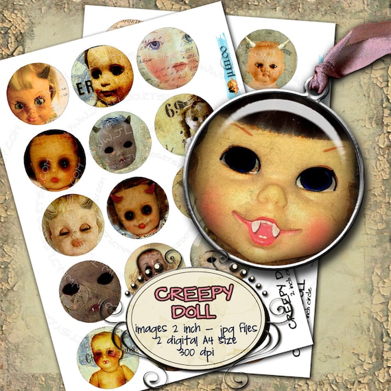 Digital collage CREEPY DOLL 2 inch circle scary horror halloween pendants magnet stickers pendant craft instant download printable tn206