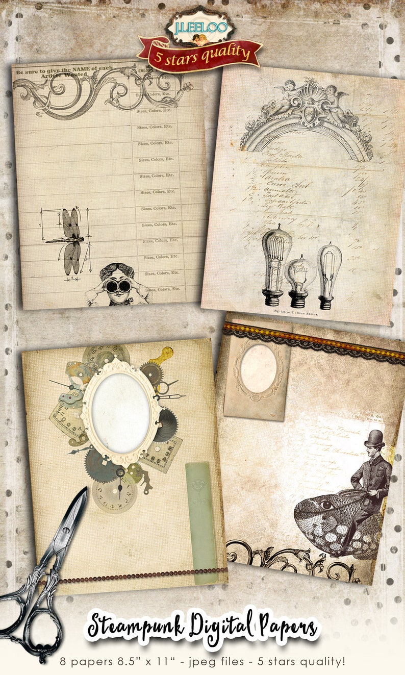 STEAMPUNK digital papers scrapbook journal art bookmaking pages Background stationery embellishment craft instant download print pp417 image 3