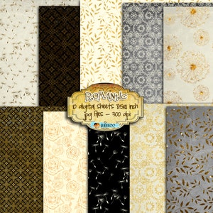 ROMANTICO 10 grandi fogli di collage digitale con rose grigio oro e foglie di tarassaco per scrapbooking, carta stampabile, pp231