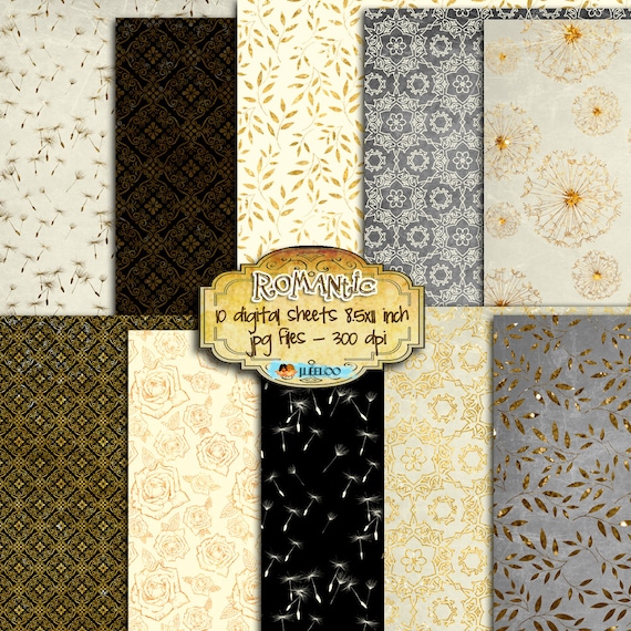 ROMANTIC 10 large Digital collage sheets gold grey roses dandelion leaves for scrapbook printable paper goods pp231