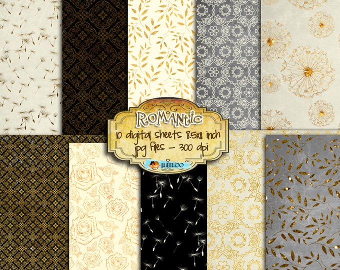 ROMANTIC 10 large Digital collage sheets gold grey roses dandelion leaves for scrapbook printable paper goods pp231