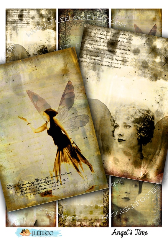 ANGEL s TIME printable aceo size  Digital collage sheet instant download chic sepia paper goods background vintage ac231