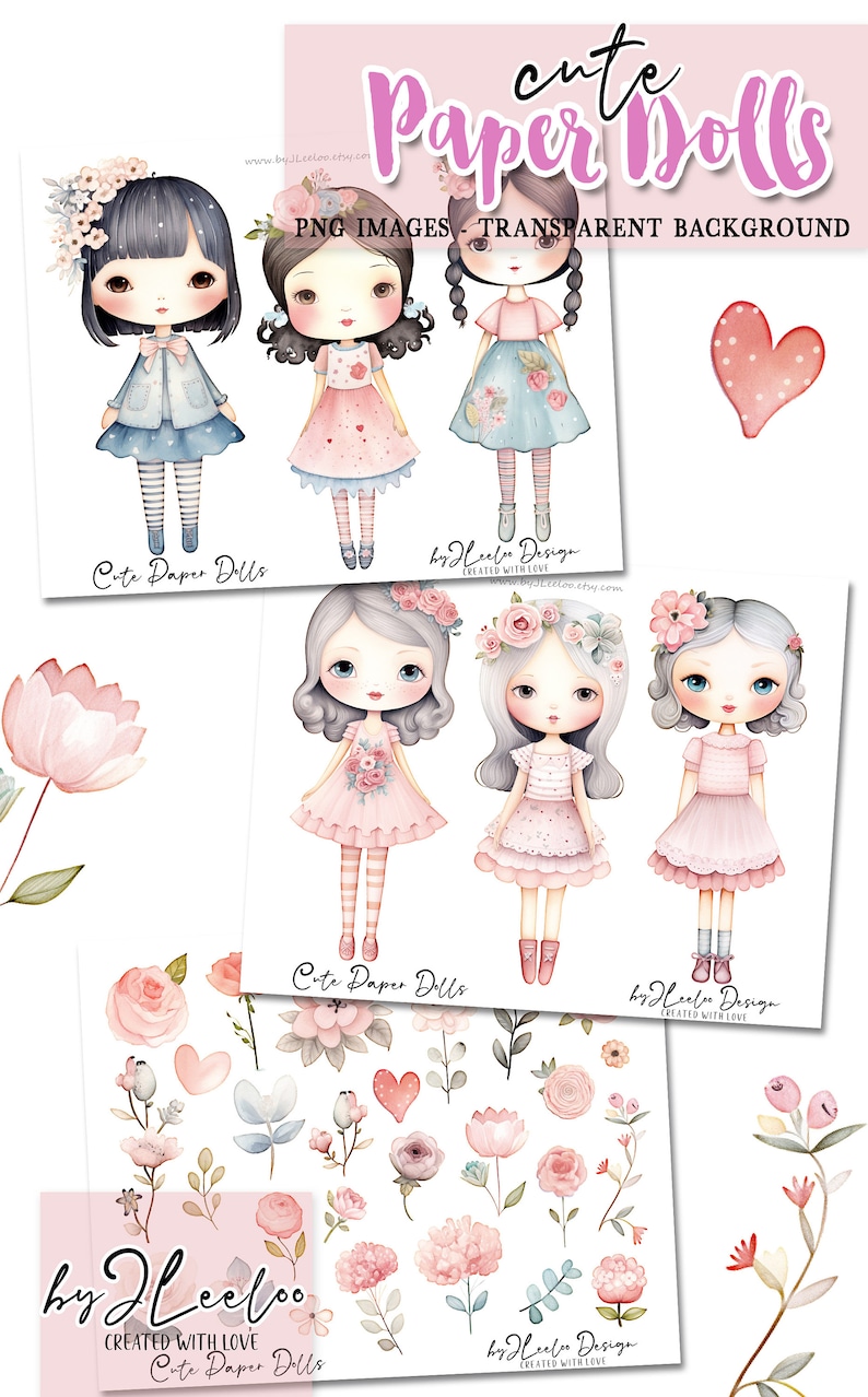 CUTE PAPER DOLLS Printable Pastel Kit Junk Journal Cut off | Dolls ...