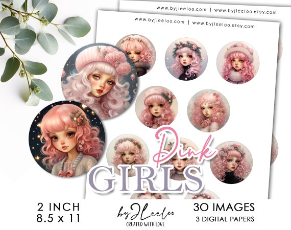 PINK GIRLS 2 inch printable cute illustrations | supplies round pendants, bezel trays, glass cabochon mountings, cameo settings | tn688