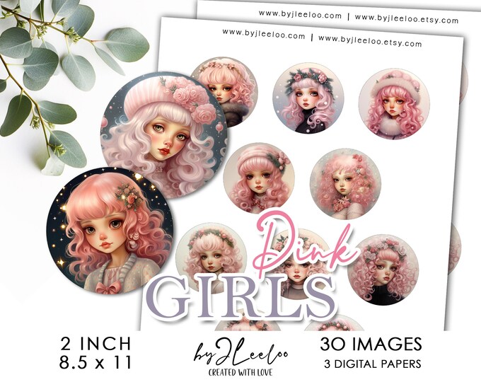 PINK GIRLS 2 inch printable cute illustrations | supplies round pendants, bezel trays, glass cabochon mountings, cameo settings | tn688
