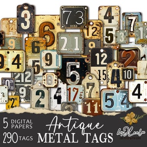 ANTIQUE METAL TAGS numbers labels printable steampunk supplies | Industrial vintage ephemera junk journal | images digital collage | tl278